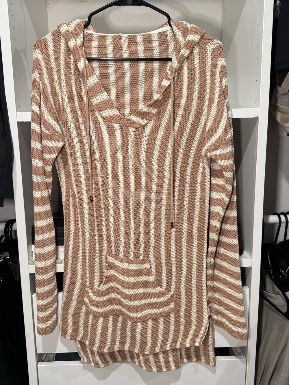 Free People Striped Hooded Tunic Sweater in Beige and White